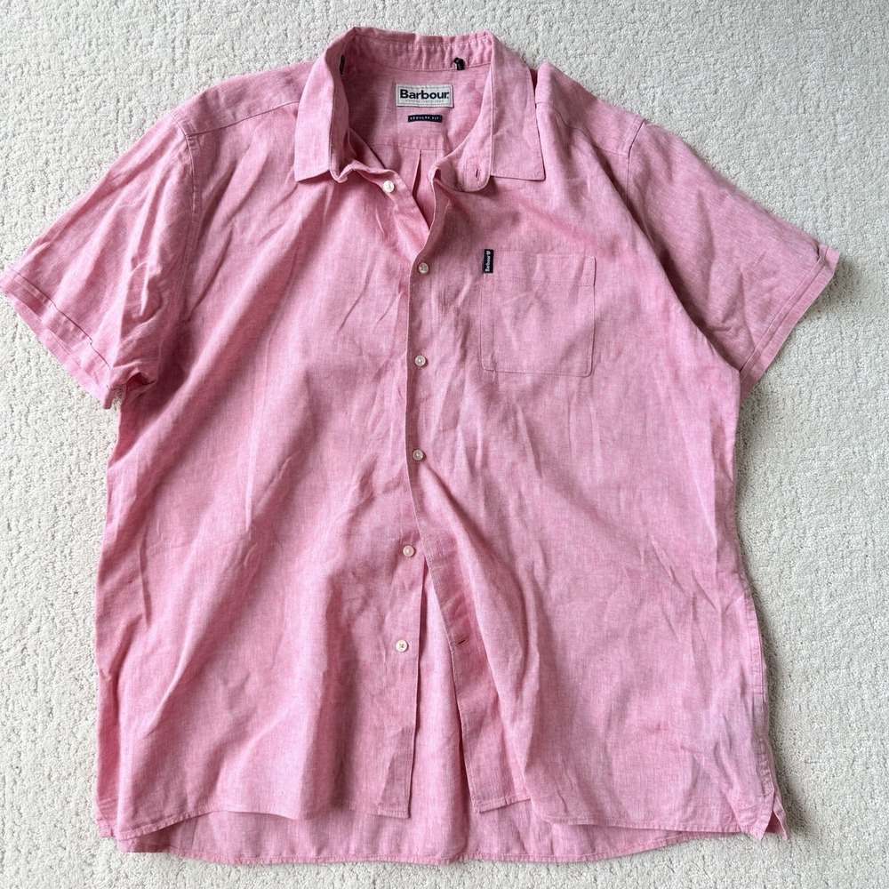 Barbour Linen Mix Short Sleeve Shirt Men L Pink Red Chambray Summer Casual $125